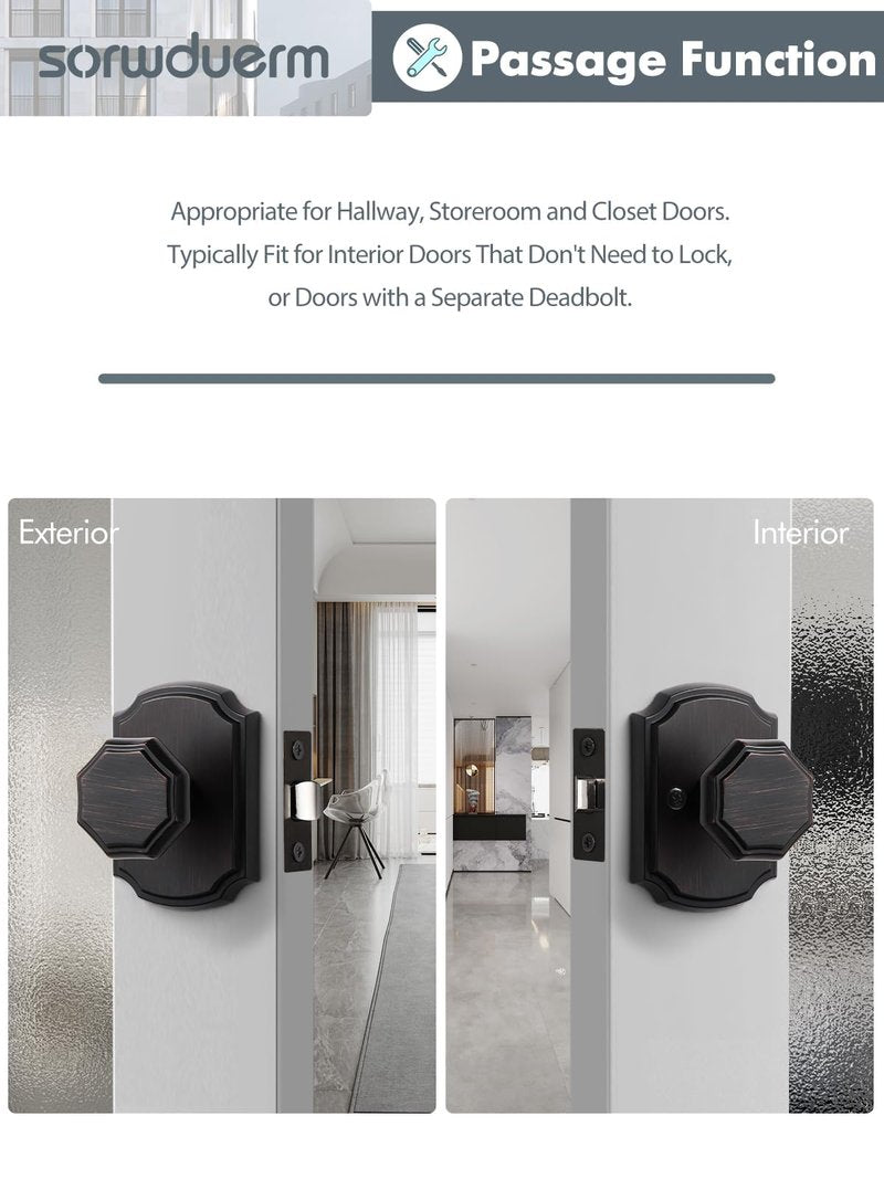 SORWDUERM 1 Pack Oil Rubbed Bronze Knobs Passage Door Knobs Interior Door Knob for Hall and Closet,Zinc Alloy