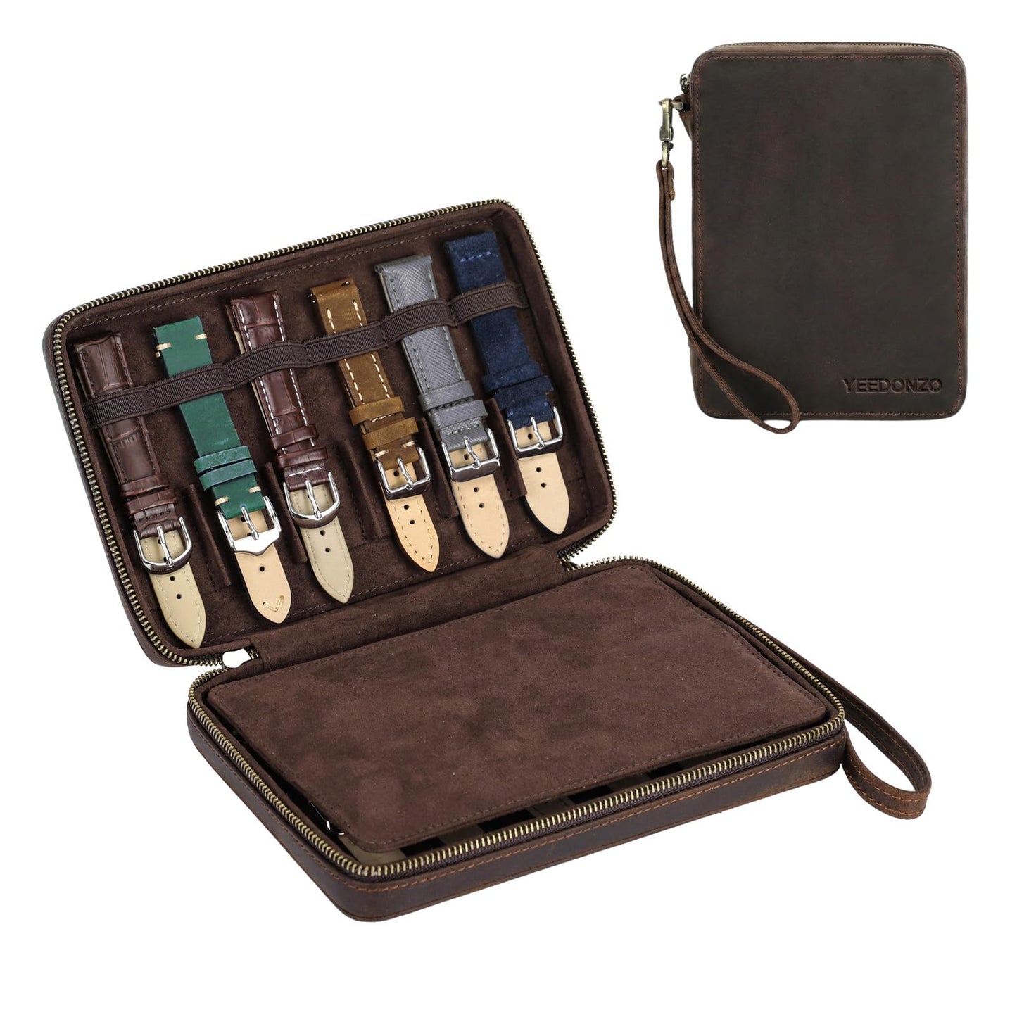 Yeedonzo Leather Watch Band Case, 12 Slot Portable Organizer for Watch Straps, Watches Strap Storage Organizer Compatible with Most Watch Bands