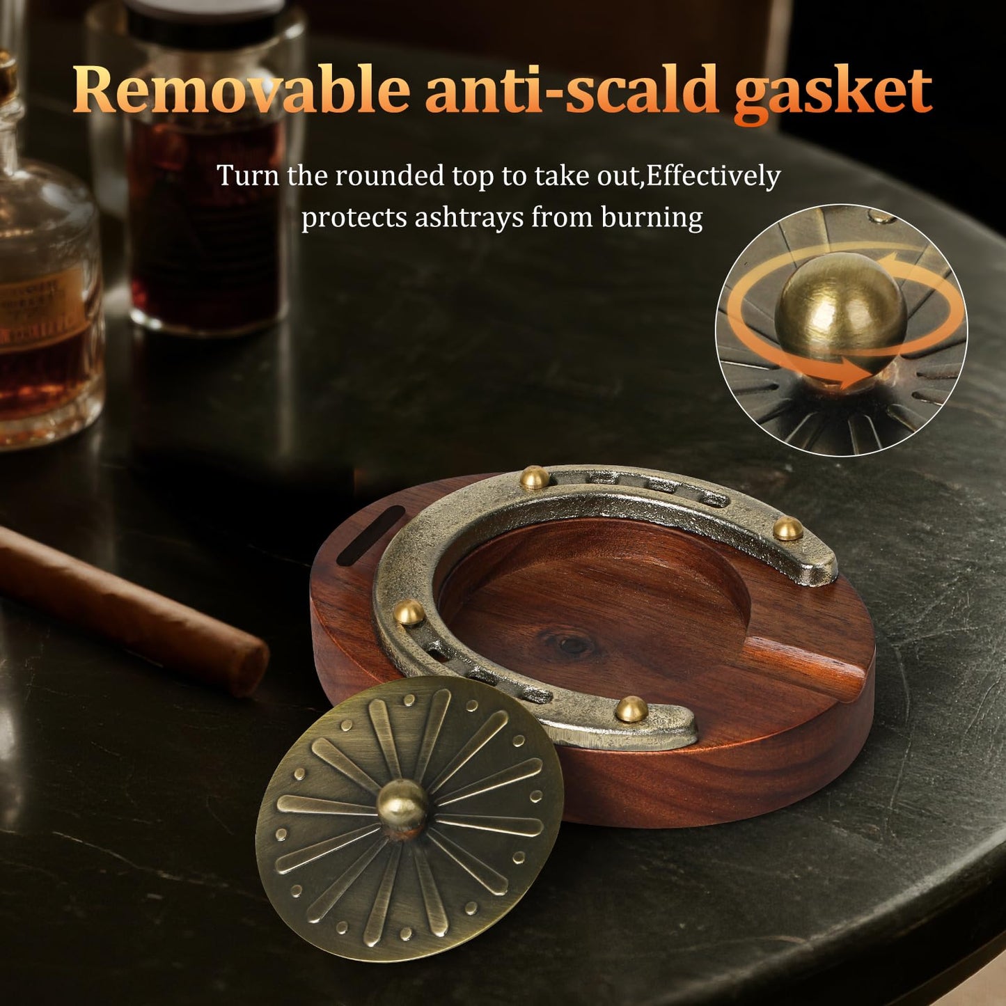 SEMKONT Cigar Ashtray, Horseshoe Wooden Portable Ashtray with Cutter, Zinc Alloy Anti-scald Gasket, Cigar Slot and Holder for home, office, bar and outdoor (Brown-Portable Ashtray)