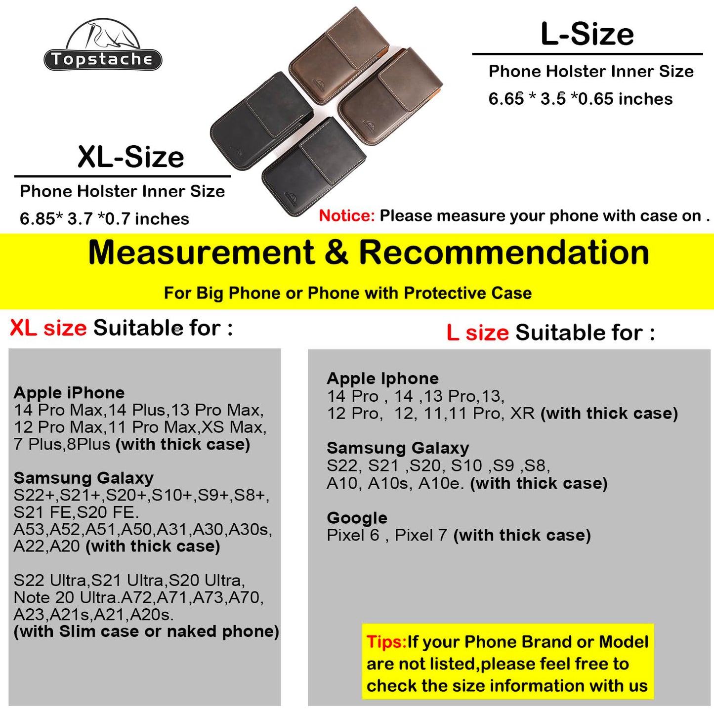 Topstache Leather Phone Holster for iPhone 17/16/15/14/13/12 - Leather Pouch with Belt Clip Phone Holster Belt Case for Galaxy S25/S24/S23/S22 - Universal Smartphone Sheath, L,Darkbrown