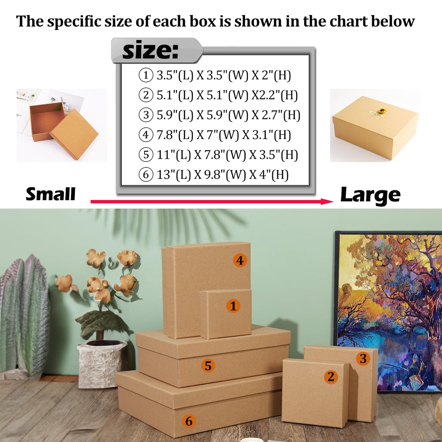 Giftilious Gift Boxes with Lids for Presents, Set of 6 Empty Gift Boxes, Natural and Rustic Kraft Gift Wrap Boxes, Versatile Gift Box for Christmas,Birthday, Anniversaries, Weddings and Any Occasion
