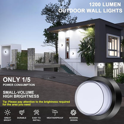 Outdoor LED Flood Lights, Waterproof Modern Exterior Wall Light, 12W Anti Rust Outside Porch Lighting with 6000K Daylight Small Circle Wall Mount Fixtures for House Backdoor Yard Entryway
