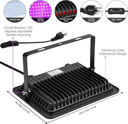 3 Pack 100W LED Black Light, Blacklight Flood Light with Plug and Switch, IP66 Waterproof Neon Glow for Party, Halloween, Fluorescent Poster, Body Paint, Aquarium