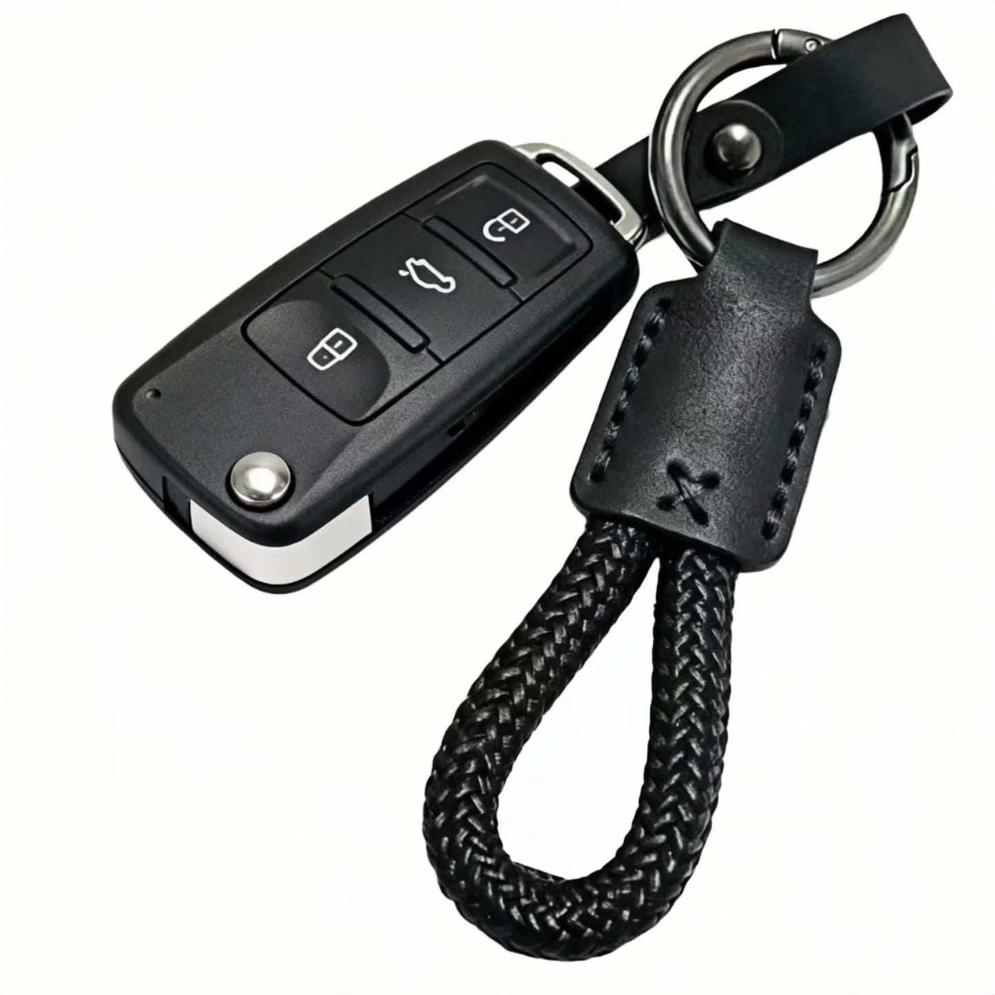 FQJOYL Leather Keychain for Car Keys - Genuine Cowhide Key Fob Holder with Braided Rope Loop, Anti-Scratch Belt & Gunmetal O-Ring, Silent Minimalist Key Chain for Women & Men, Gift for Her & Him