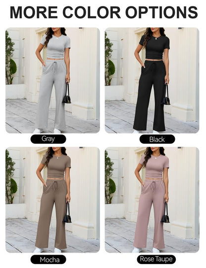 GraceSelect 2 Piece Lounge Set for Women Summer, Slim Short Sleeve Top Wide Leg Pants Workout Matching Outfit