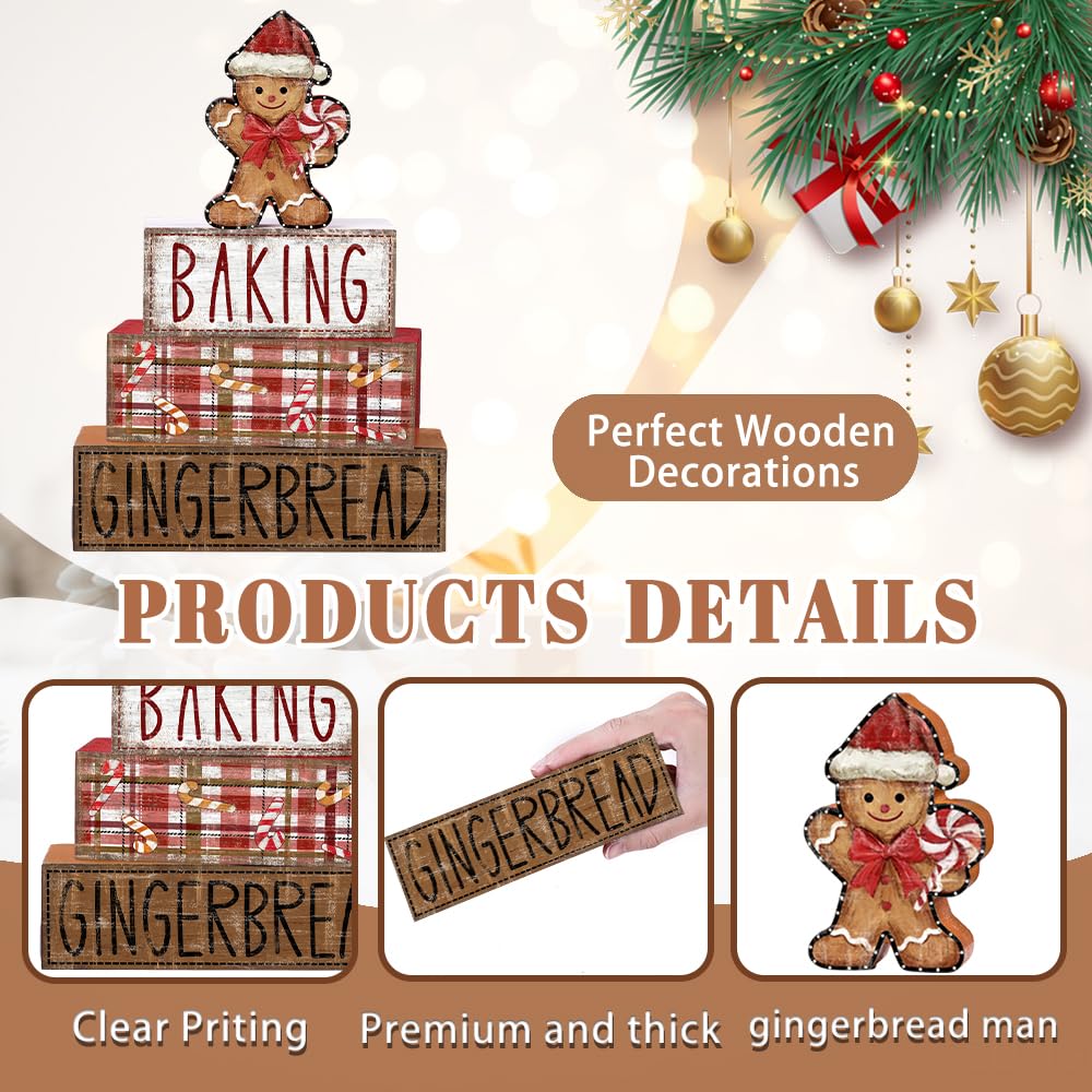 DIYDEC 4Pcs Christmas Table Decoration Gingerbread Man Wooden Block Sign Christmas Tiered Tray Decor Centerpiece Decorative Sign for Xmas Holiday Tabletop Coffee Fireplace Shelf Desk Party Decor