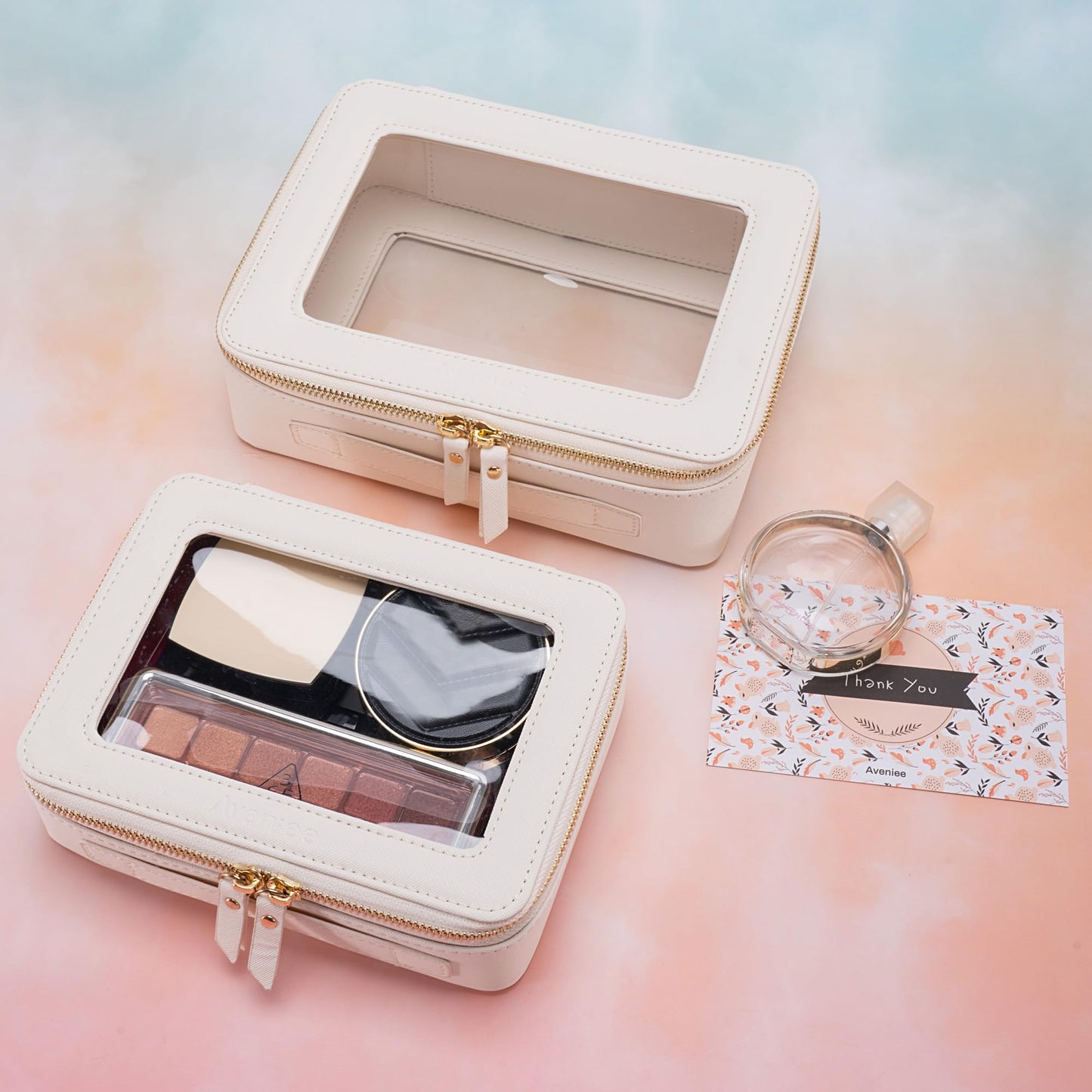 Aveniee Clear Makeup Bag Organizer, Travel Toiletry Bag Cosmetic Case for Women, Portable Make Up Skincare Pouch Car Organizer Bag with Zippers for Essentials,White