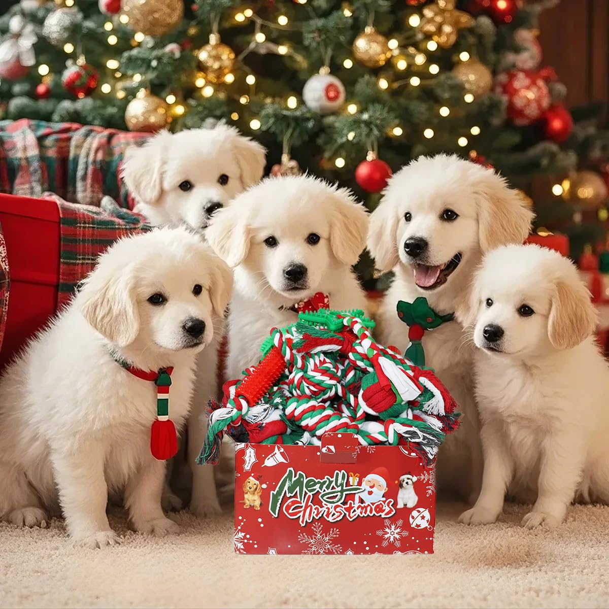 Christmas Dog Toys 15 Pack, Puppy Rubber Chew Toys with Rope Toys Set, Interactive Tough Christmas Gifts Box for Dogs, Training Playing Teething Busy Toys Bulk for Holiday Puppies Presents