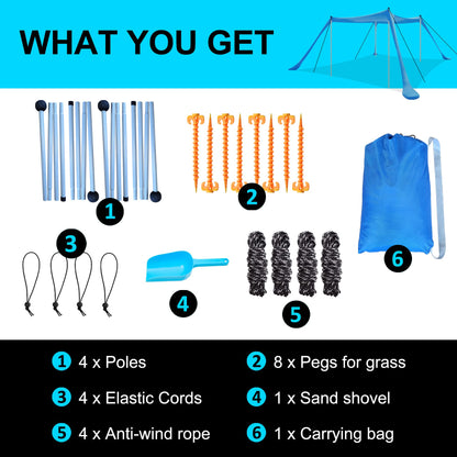 Beach Tent Sun Shelter with UPF 50+ UV Protection, Beach Canopy Sun Shade 11x11 FT with Sandbags, Poles and Ground Pegs and Anti-Wind Ropes, Pop Up Tent for Camping, Backyard and Picnics