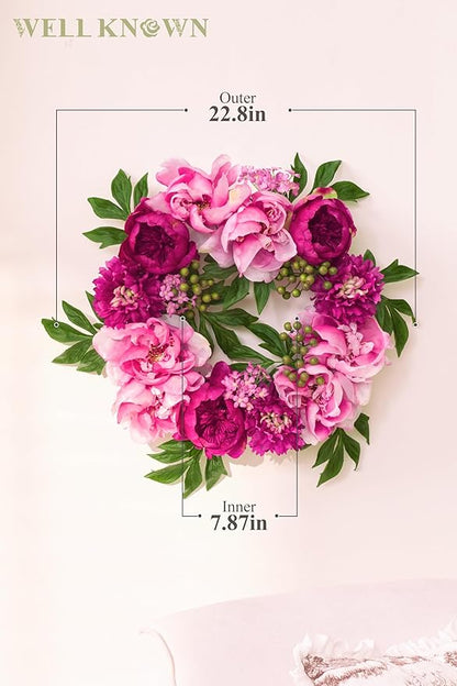 WELL KNOWN Spring Wreaths for Front Door, Peony Wreath for Front Door, Porch Outside Indoor, Wall Window Farmhouse Party Holiday Home Decor(Fuchsia)