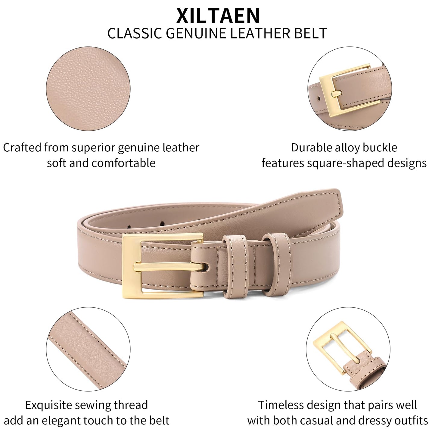 XILTAEN Women's Genuine Leather Belt for Jeans Pants Dresses Ladies Belt with Gold Buckle Waist Belts for Women