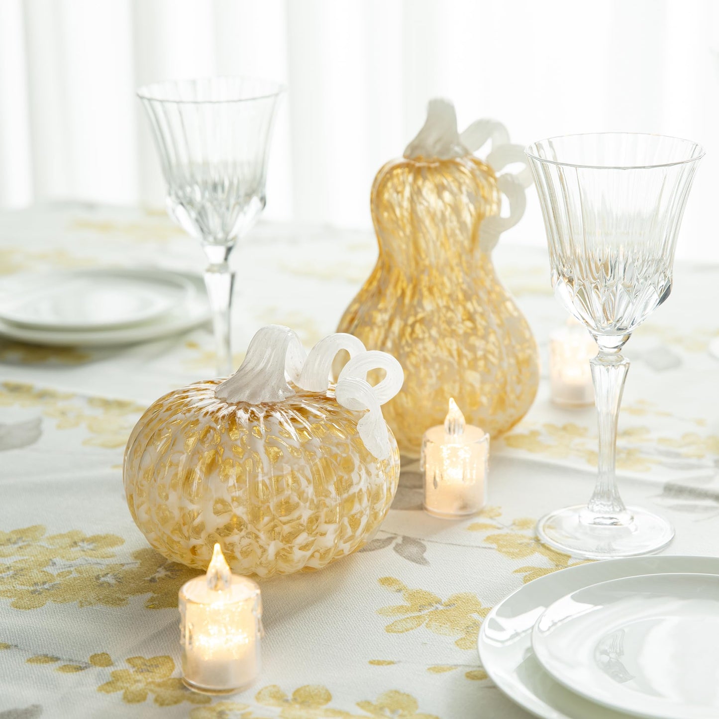 Glitzhome Hand Blown Glass Pumpkin Decor 5" Amber - Artisan Fall Harvest Thanksgiving Table Centerpiece Halloween Home Decor