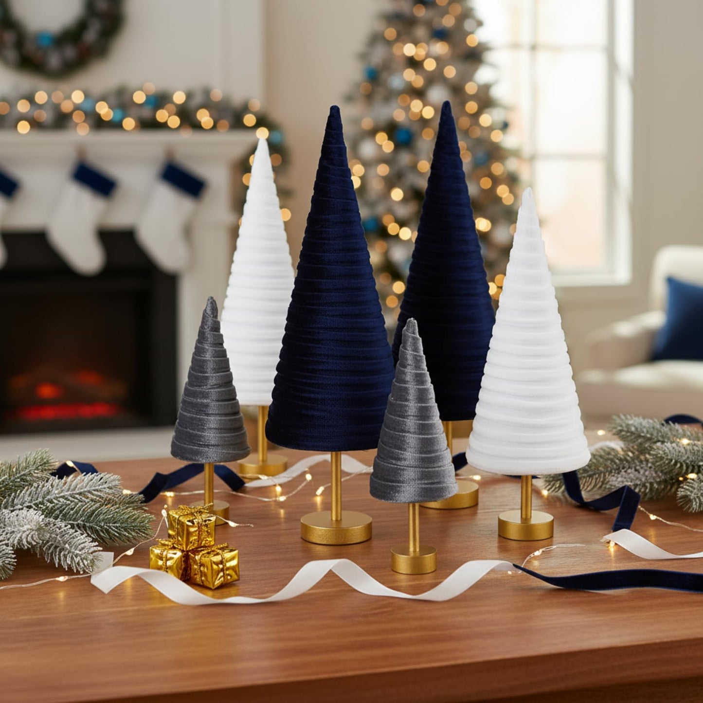 Hoolerry 6 Pcs Christmas Velvet Trees with Gold Pedestal Christmas Velvet Cones Tree Mantel Decor Modern Rustic Winter Home Minimalist for Holiday Entryway Table Wedding Centerpiece(Dusty Blue)