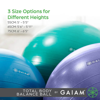 Gaiam Total Body Exercise Balance Stability Yoga Ball, Anti-Burst with Air Pump for Home, Office Chair, and Fitness - Various Sizes