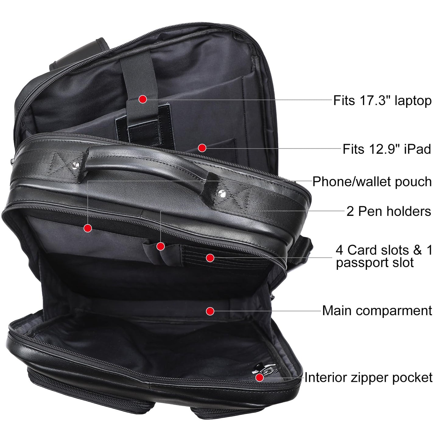 TIDING 17.3" Leather Laptop Backpack for Men Multi Pockets Casual Daypack Business Travel Rucksack, Black