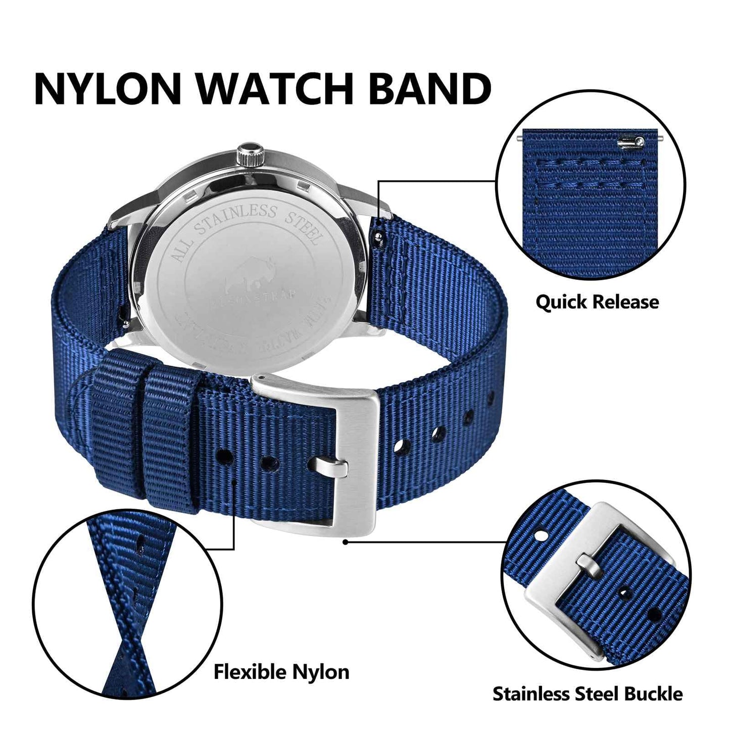 BISONSTRAP Men’s Nylon Watch Bands, Two-Piece Military Watch Straps, Quick Release, Brushed Buckle, 20mm, Blue (Silver Buckle)