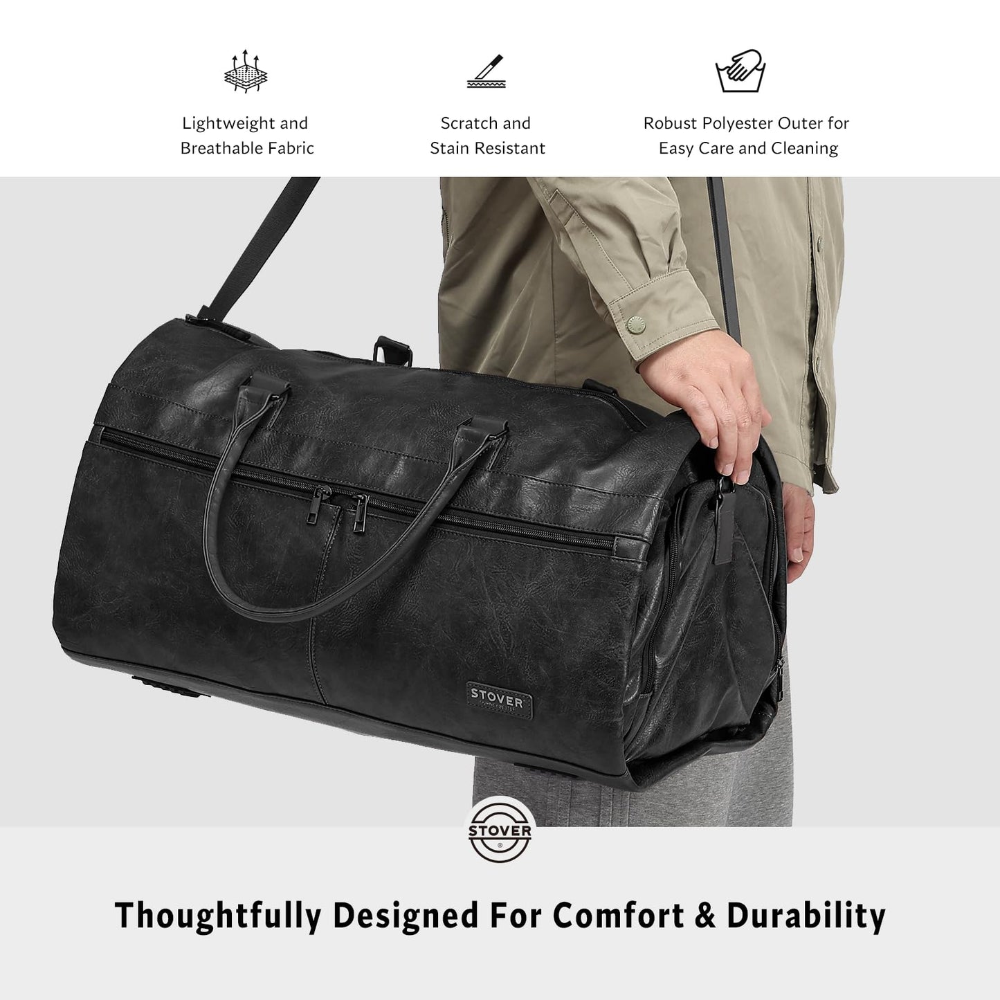 STOVER Garment Travel Duffle Bag, Large 2-in-1 Convertible Carry-on Luggage for Men & Women- Hanging Suits, Dresses & Clothes + Shoe Compartment- Weekender Tote Combo Duffel (Black Leatherette)