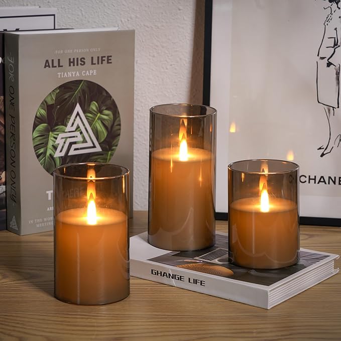 Upinmz Grey Acrylic Flameless Candles with Remote Control and Timers，Battery Operated Candles，LED Pillar Candles with Dancing Flame ，for Home Decorations ，Set of 3