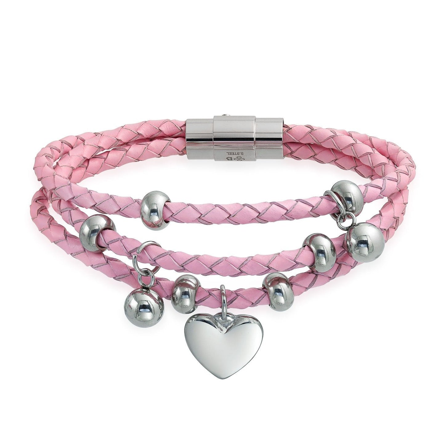 Bling Jewelry Braided Leather Bracelet Pink Heart Charm Double Strand Bracelet Stainless Steel