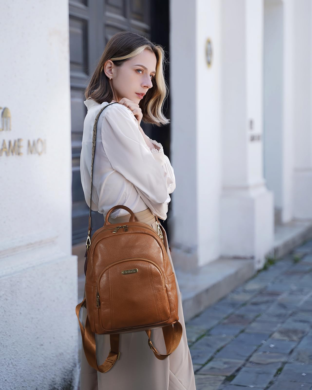 Blofinche Women's Genuine Leather Backpack Purse, 12.9 Inch Laptop Backpack with Anti-Theft Pocket, Stylish Leather Bag for Work & College, Fashion Brown
