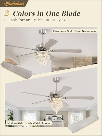 Fanbulous 60 Inch Modern Farmhouse Fandelier Ceiling Fans with Lights, Brushed Nickel Crystal Ceiling Fan Chandelier, 6 Speeds and Reversible, 3CCT, Indoor Ceiling Fan for Living Room Bedroom Kitchen