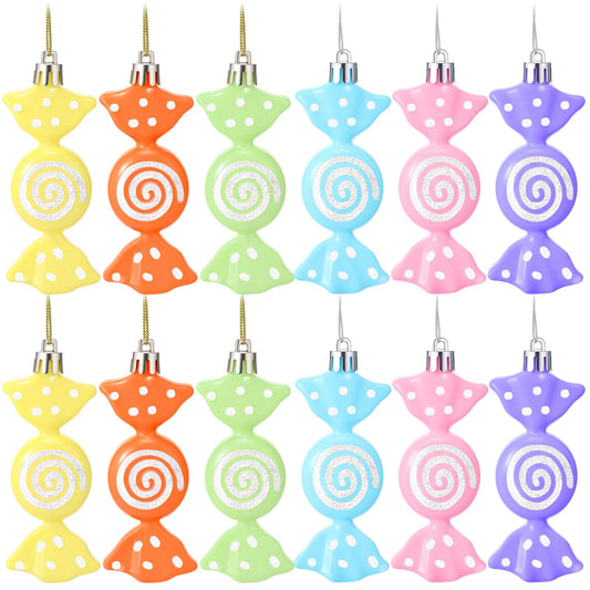 Threan 12 Pcs Christmas Candy Ornaments for Tree Decoration Hanging Glitter Candy Cane Christmas Peppermint Ornament with Golden Rope for Xmas Holiday Decoration(Macaron Colors,Plastic)