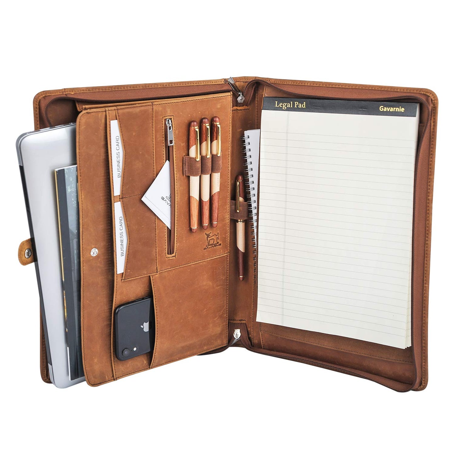 Gavarnie Genuine Leather Business Portfolio Padfolio Folder with Zipper for Men, Men's Leather Padfolio Folder for 13" Laptop, Business Portfolio for Letter Size Notepad, Graduation Gift，Brown