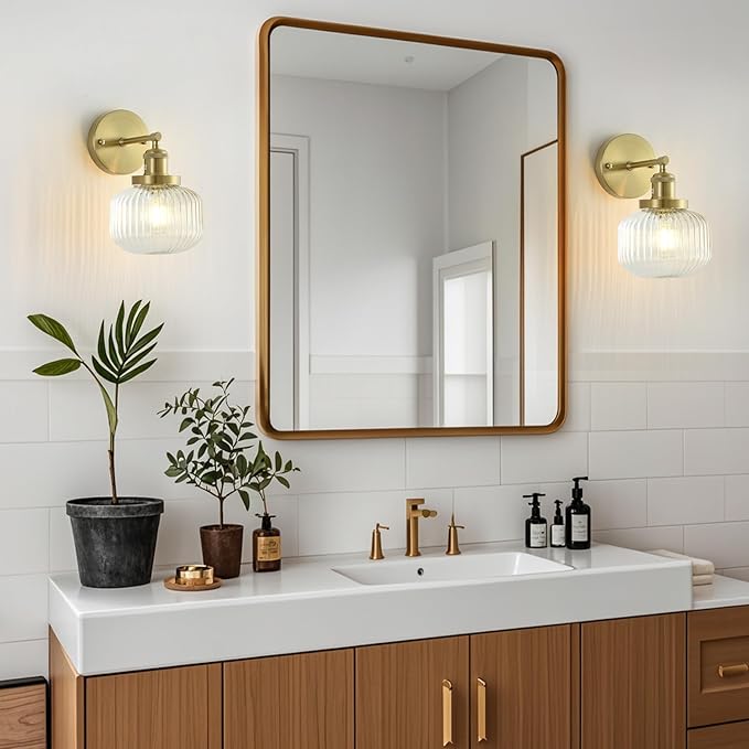 Vintage Wall Sconces with Clear Pumpkin Glass Lampshade, Indoor Bath-Room Wall Sconce, Modern Gold Industrial Lighting Fixture for Mirror Living Room Hallway 2 Pack