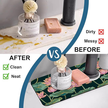 Lotus Pond Pattern Sink Splash Guard Faucet Mat Lotus Flowers Leaves Super