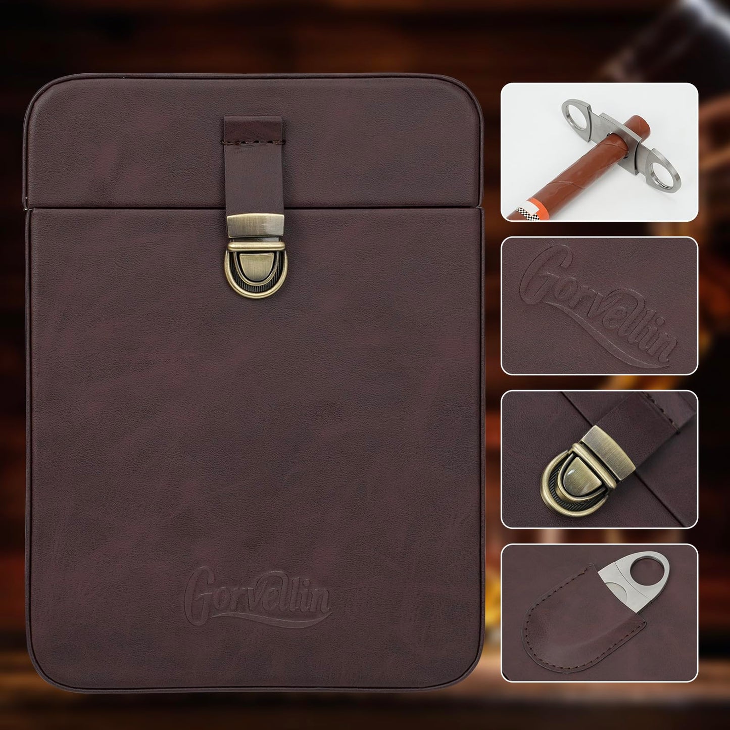 Gorvellin Cigar Case with Cutter, 2-in-1 Portable Cigar Travel Holder for 6 Cigars, Premium Cigar Accessories Gift Set for Men, Fathers, and Business Trips