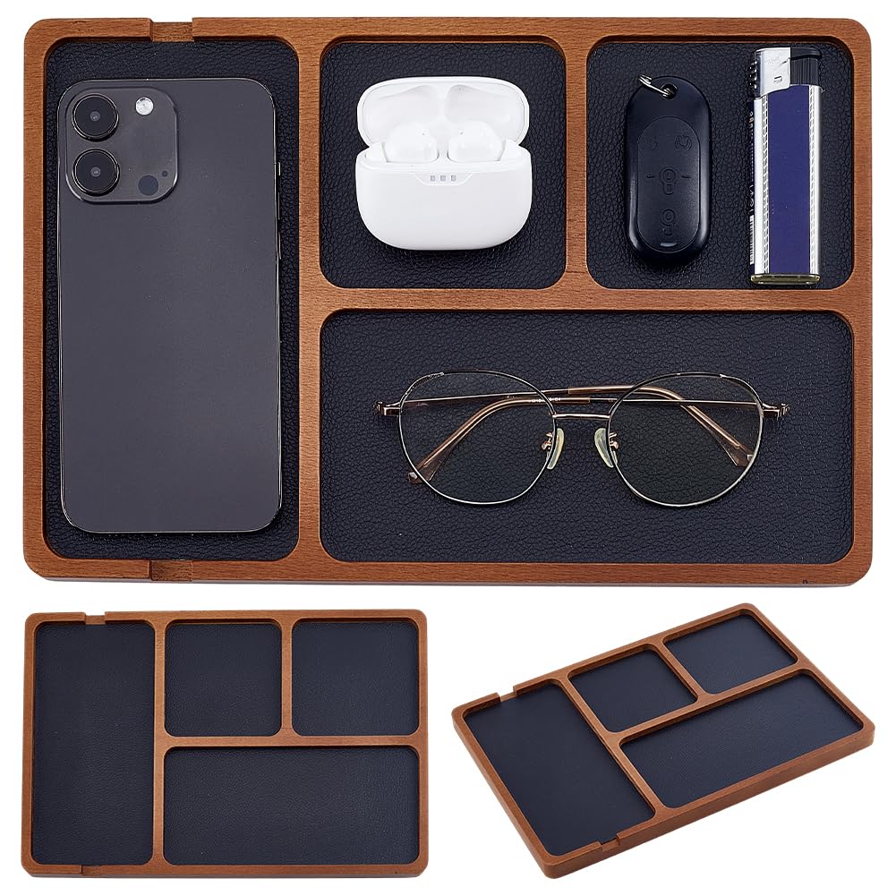 HOBBIESAY Wooden Valet Tray with PU Leather Inlay Wood Storage Organizer Tray with 4 Compartment Nightstand Desktop Storage Organizer for Phone Earbud Key Jewelry Table Organizers