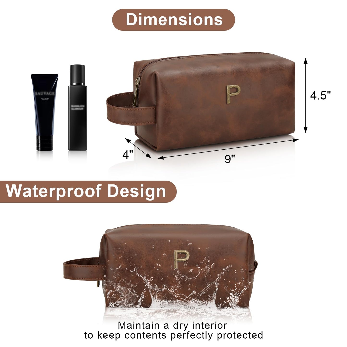 CLOUDWINGS Men’s Father's Day Personalized Gift Initial Travel Toiletry Bag for Him PU Leather Waterproof Shaving Bag for Travel Essentials Birthday Gift for Dad Husband Boyfriend (P)