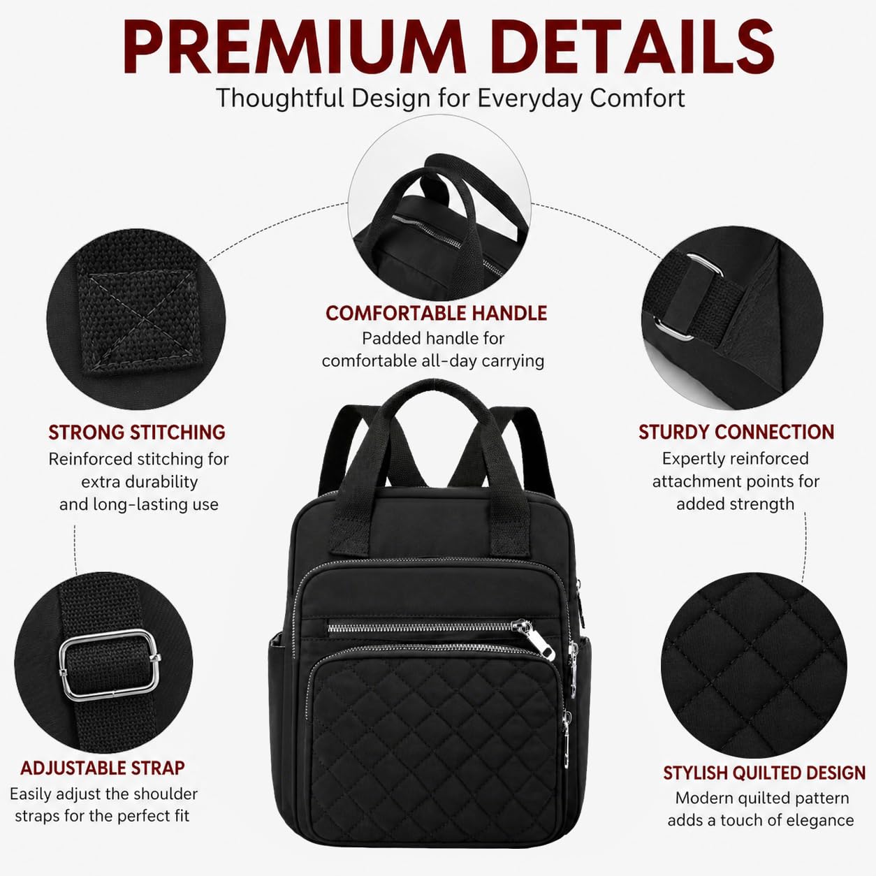 SULCET Small Backpack for Women Casual Quilted Square Bag Waterproof Multi Pockets Daypack Lightweight Top Handle Satchel