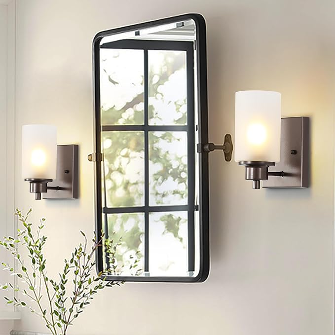 2 Pack Wall Sconces Bathroom Lights, Indoor Bath Vanity Light Fixtures for Living Room Porch Bedside, Oil Rubbed Bronze with White Frosted Glass Shades Wall Mounted Lights, Twin