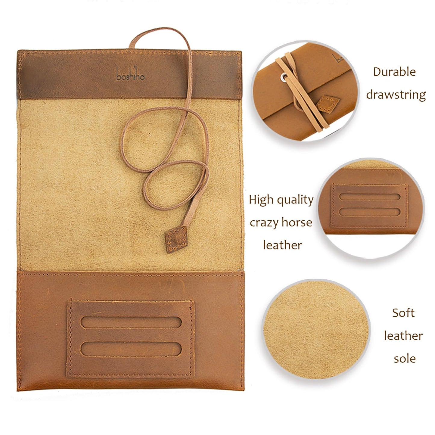 Boshiho Genuine Leather Roll Up Tobacco Pouch with Rolling Tip Paper Holder Slot (Brown (M))