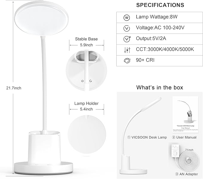 Desk Lamp, LED Desk Lamp for Home Office, Touch Table Lamp with 3 Color Modes 360° Adjustable Arm, Dimmable Desk Light with Pen Phone Holder, White