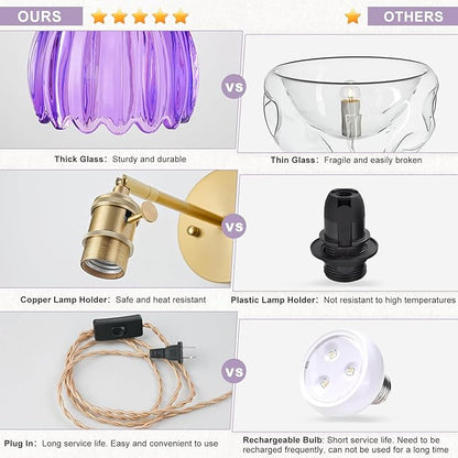 Plug in Wall Sconces Set of 2, Vintage Wall Sconce Light with Tulip Purple Glass Lampshade, 180° Adjustable Wall Sconce with Switch and Plug in wall lamp Cord, Gold Wall Light Wall Decor Set of 2
