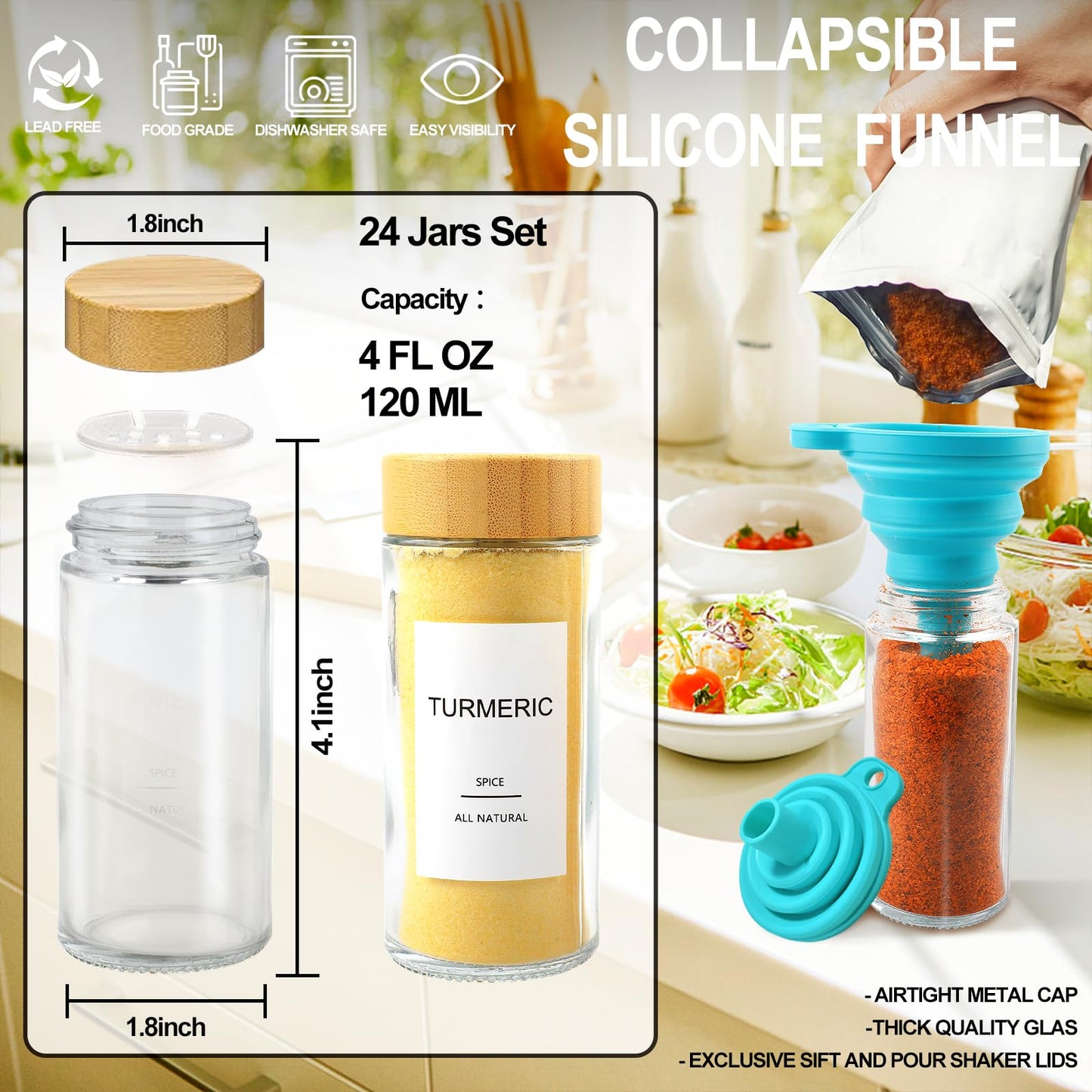 AISIPRIN Glass Spice Jars with 398 Labels, 24 pcs 4oz Spice Containers with Bamboo Lids, Square Spice Bottles With Shaker Lids,Spice Organization for Cabinet,Drawer,Rack,Seasoning Organizer