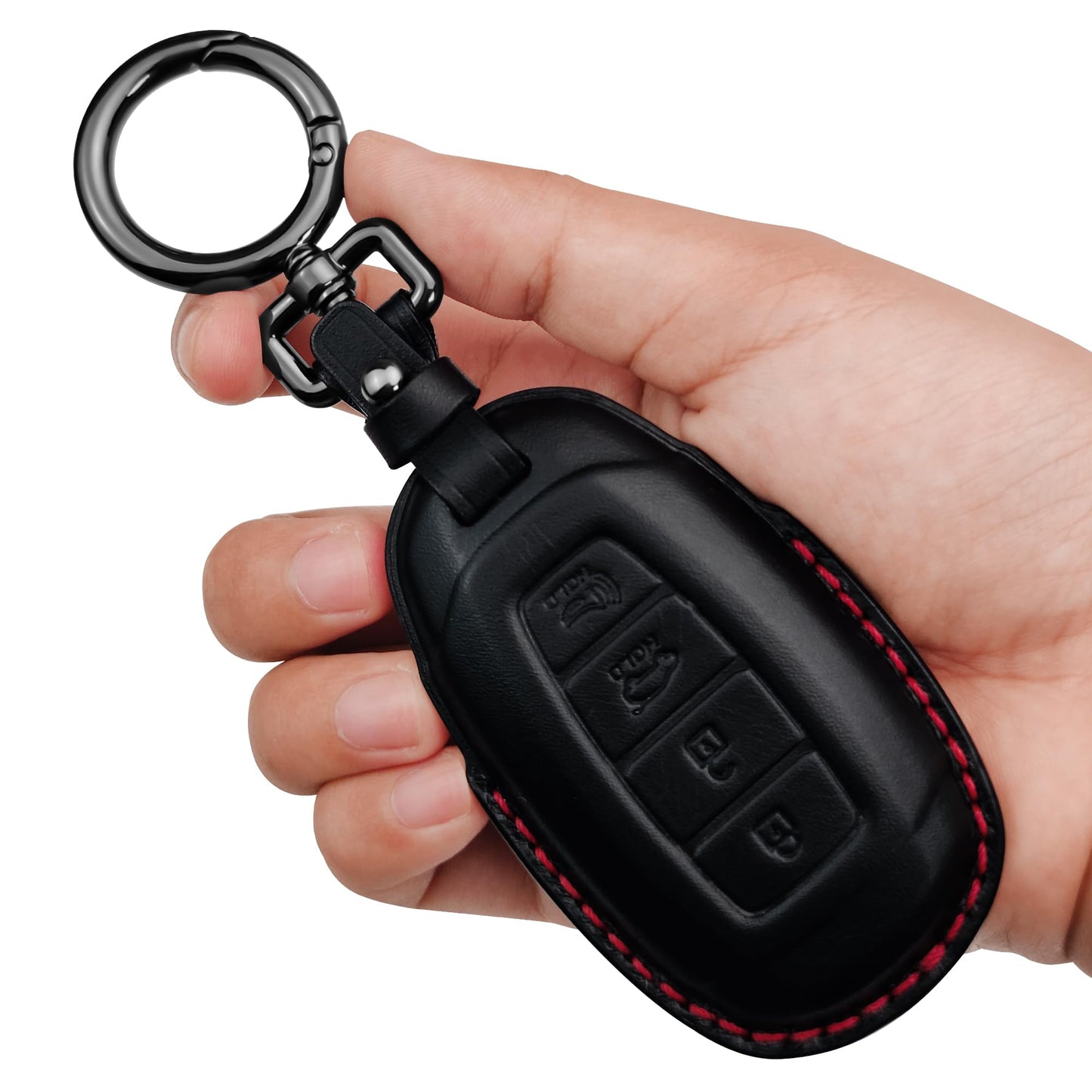 Tukellen Genuine Leather Key Fob Cover Smart Key Holder Sleeve Fit for 2020-2022 Hyundai Palisade Elantra GT Accent Kona Santa Fe Veloster (Black(Red line), 4 Button)