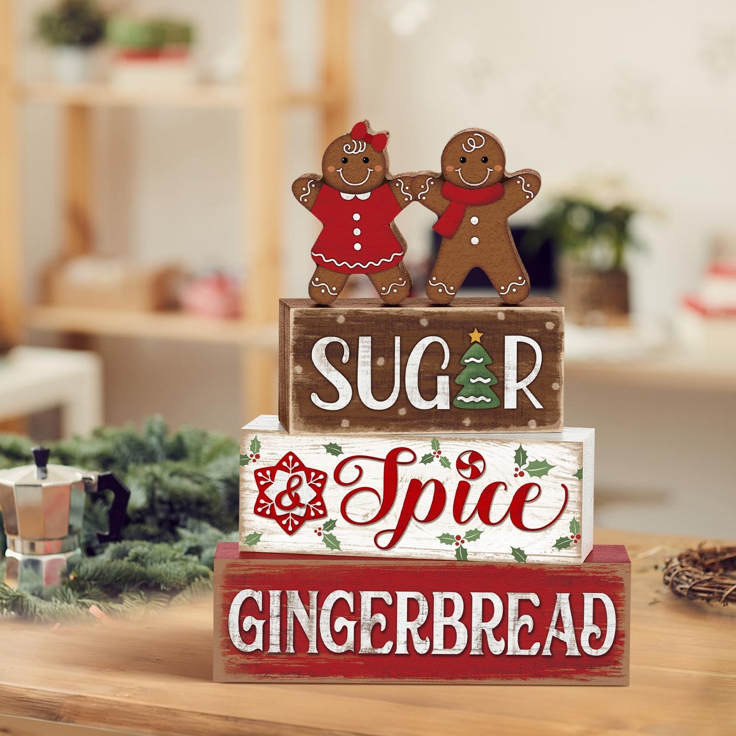 Marsui 4 Pcs Christmas Gingerbread Table Decorations Gingerbread Man Wooden Sign Blocks Rustic Xmas Tiered Tray Decor Farmhouse Holiday Christmas Decorations for Home Indoor Office Desk Mantle Shelf