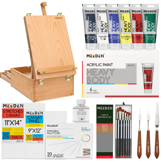 MEEDEN Acrylic Painting Set with Easel: 44 Pcs Art Supplies Painting Kit with Tabletop Box Easel for Adults - 6 Acrylic Paints, Paintbrushes, Canvas, Palettes & Accessories