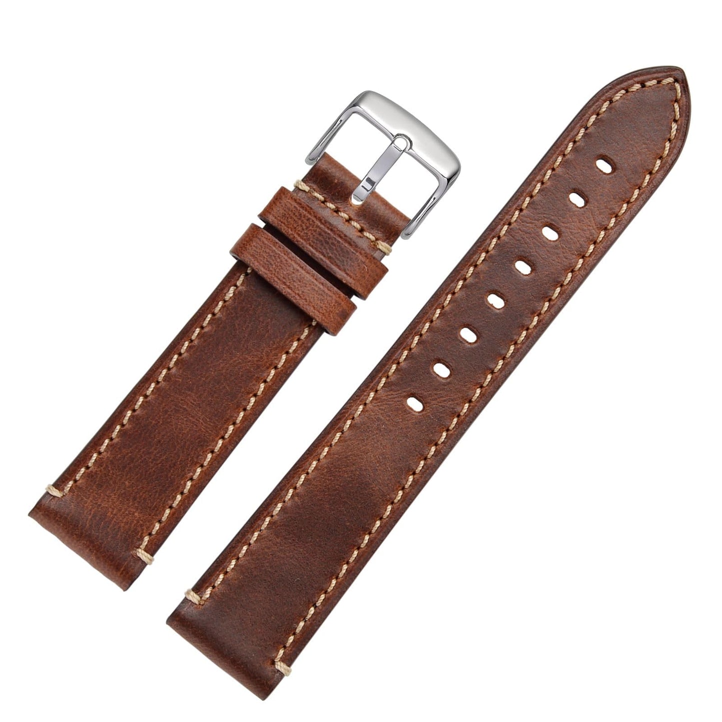 WOCCI 20mm Watch Band, Pull Up Leather, Polished Silver Buckle (Gold Brown)