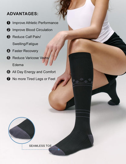 FITRELL 3 Pairs Compression Socks for Women and Men 20-30mmHg- Muscle Support Socks for Travel, Running, Nurse, Knee High, Blackstar, Black+White+Grey L/XL