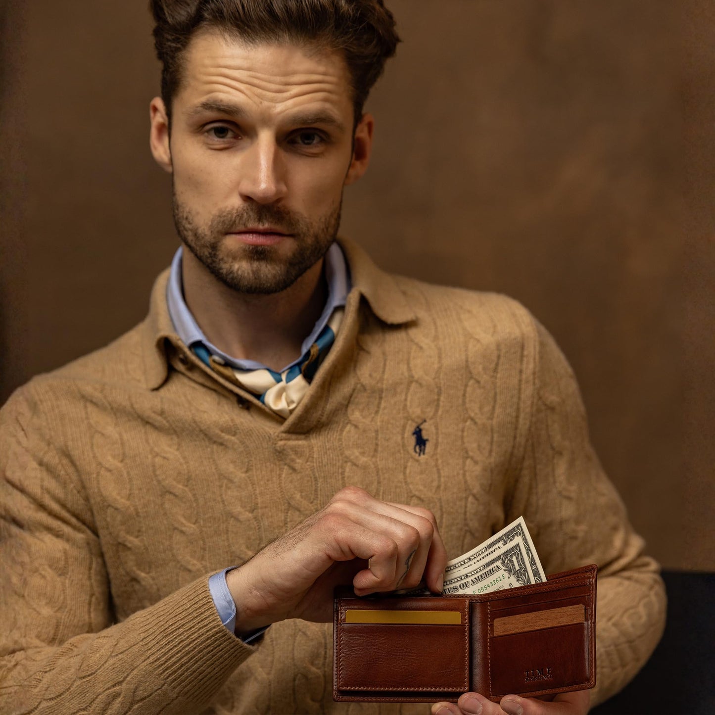 Time Resistance Leather Wallet – Italian Handmade Minimalist Design Wallet - Billfold Credit Card and Cash Holder (Cognac Brown)