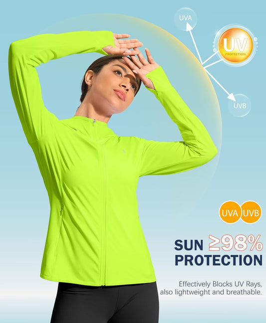 Soothfeel Women's UPF 50+ Sun Protection Hoodie Jacket Lightweight Long Sleeve Sun Shirt for Women with Pocket Hiking Outdoor(Fluorescent Green, X-Large)