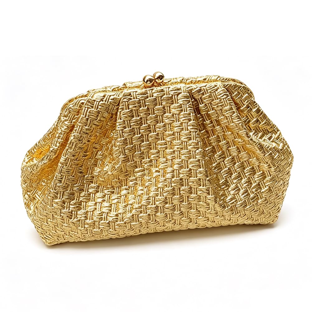 CUXVA Woven Pattern Clutch Purse Ruched Dumpling Evening Bag Chain Strap Handbags Elegant PU Leather Clutch Bag