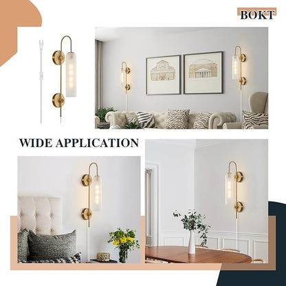 BOKT Mid Century Modern Plug in Wall Sconces Indoor Long Brushed Gold Milk White Glass Sconces Wall Lighting Single Wall Sconce Bathroom Vanity Light Brass Wall Mounted Light Fixture (White)