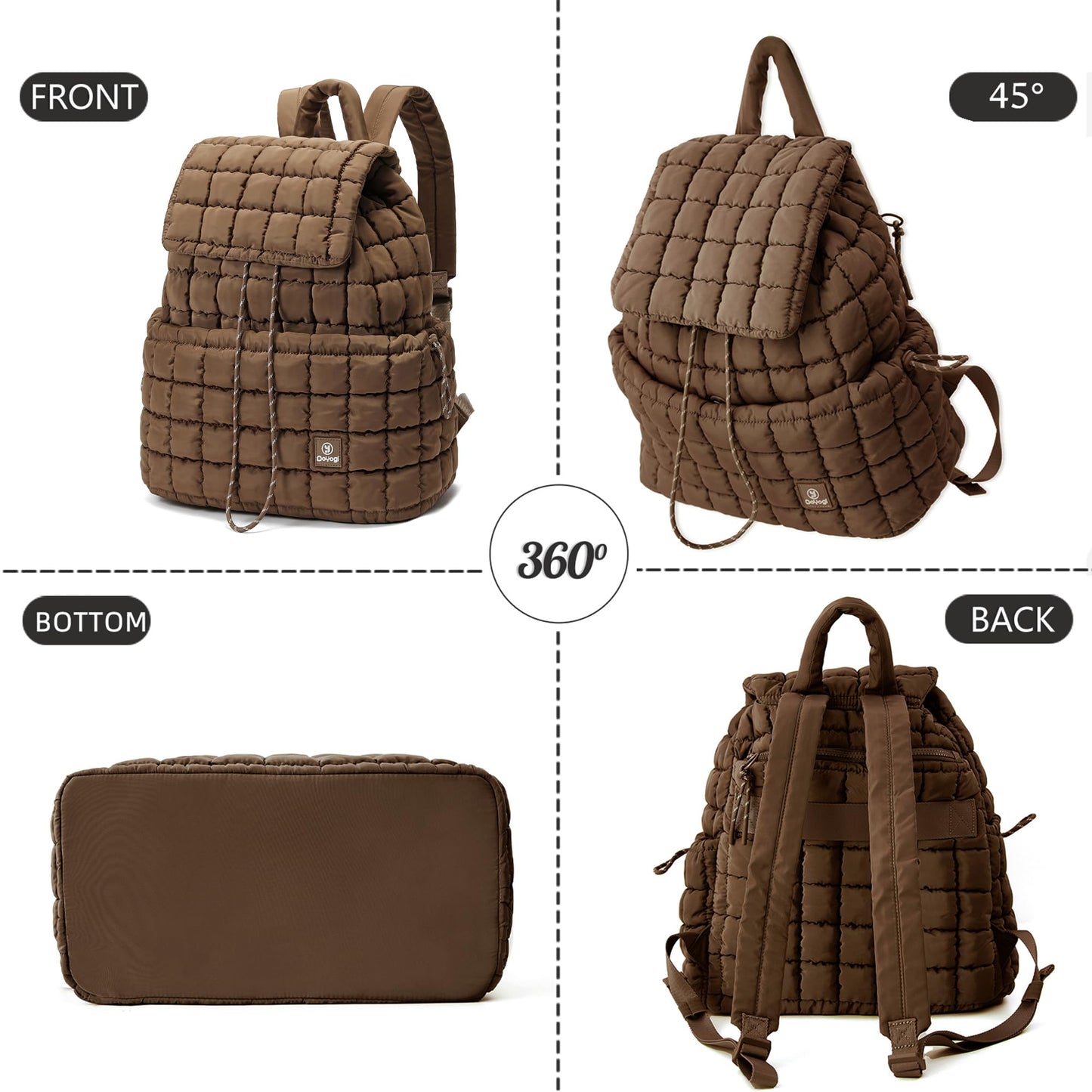 DOYOGI Quilted Backpack for Women, Lightweight Travel Gym Bag, Hiker Pack Drawstring Padding Backpacks, Puffer Travel Bag for Casual Daypack(Brown)