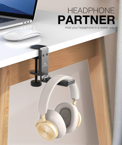 APPHOME Foldable Headphone Stand Hanger Holder, Space-Saving Aluminum Soundbar Stand with Universal Fit for Gaming PC Accessories, Under Desk Clamp Hook Mount (Black-2PC)