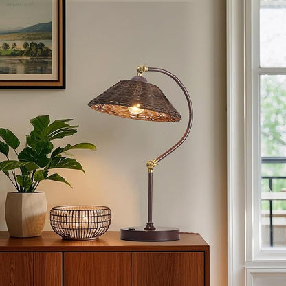 Woven Rattan Bedside Table Lamp for Bedroom, Boho Plug in Handmade Rattan Shade & Anti-Rust Iron Base Desk Lamp, Plug & Play Vintage Dark Brown Nightstand Lamp for Living Room, Office 【Bulb Included】